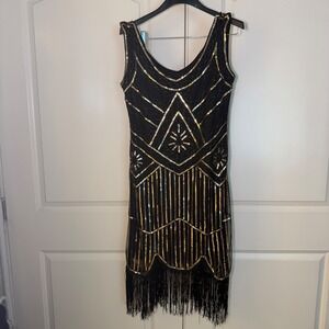 Womens Black Gold Sequin Flapper Dress Great Gatsby 1920s Fringe Cocktail Party